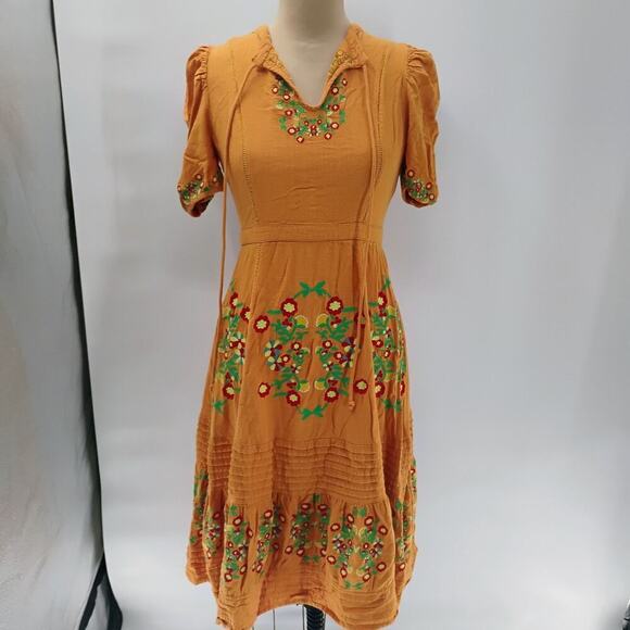 Ollari maxi Dress Yellow/Orange linen from Anthropologie Mexican pattern boho - Picture 12 of 15